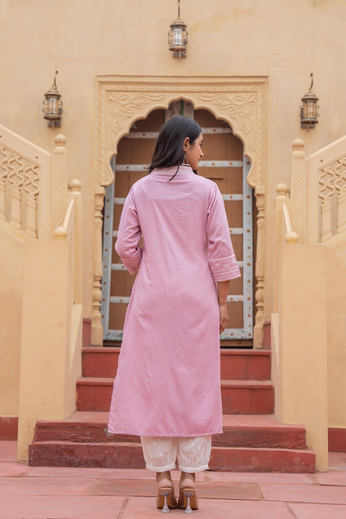 Juniper Pink Embroidered Viscose Kurta With Printed Cotton Pant