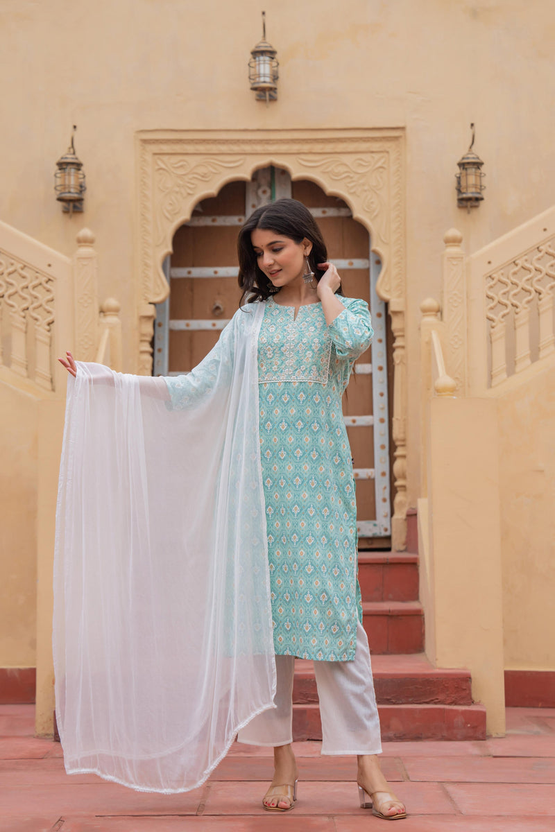 Juniper Light Blue Ethnic Motif Printed Viscose Kurta Set With Sequin & Thread Work