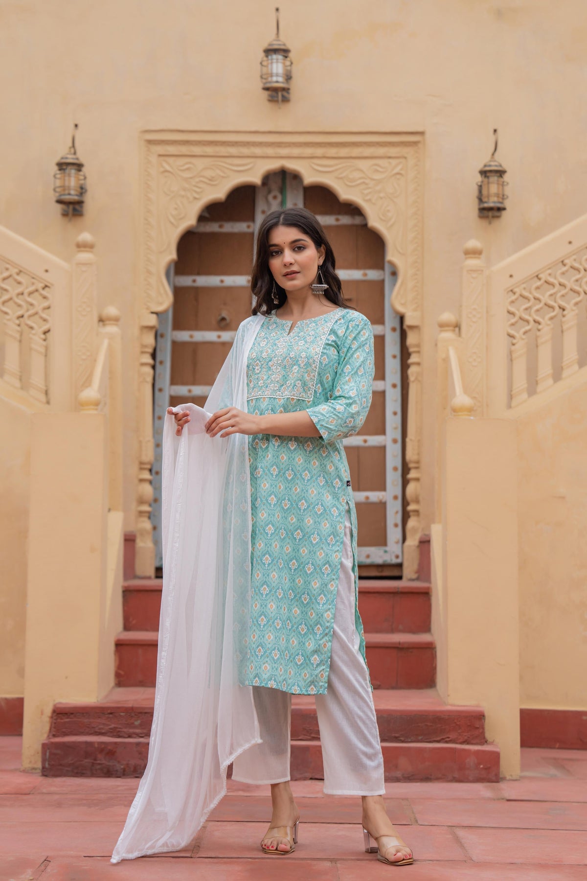 Juniper Light Blue Ethnic Motif Printed Viscose Kurta Set With Sequin & Thread Work