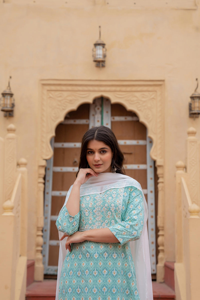 Juniper Light Blue Ethnic Motif Printed Viscose Kurta Set With Sequin & Thread Work