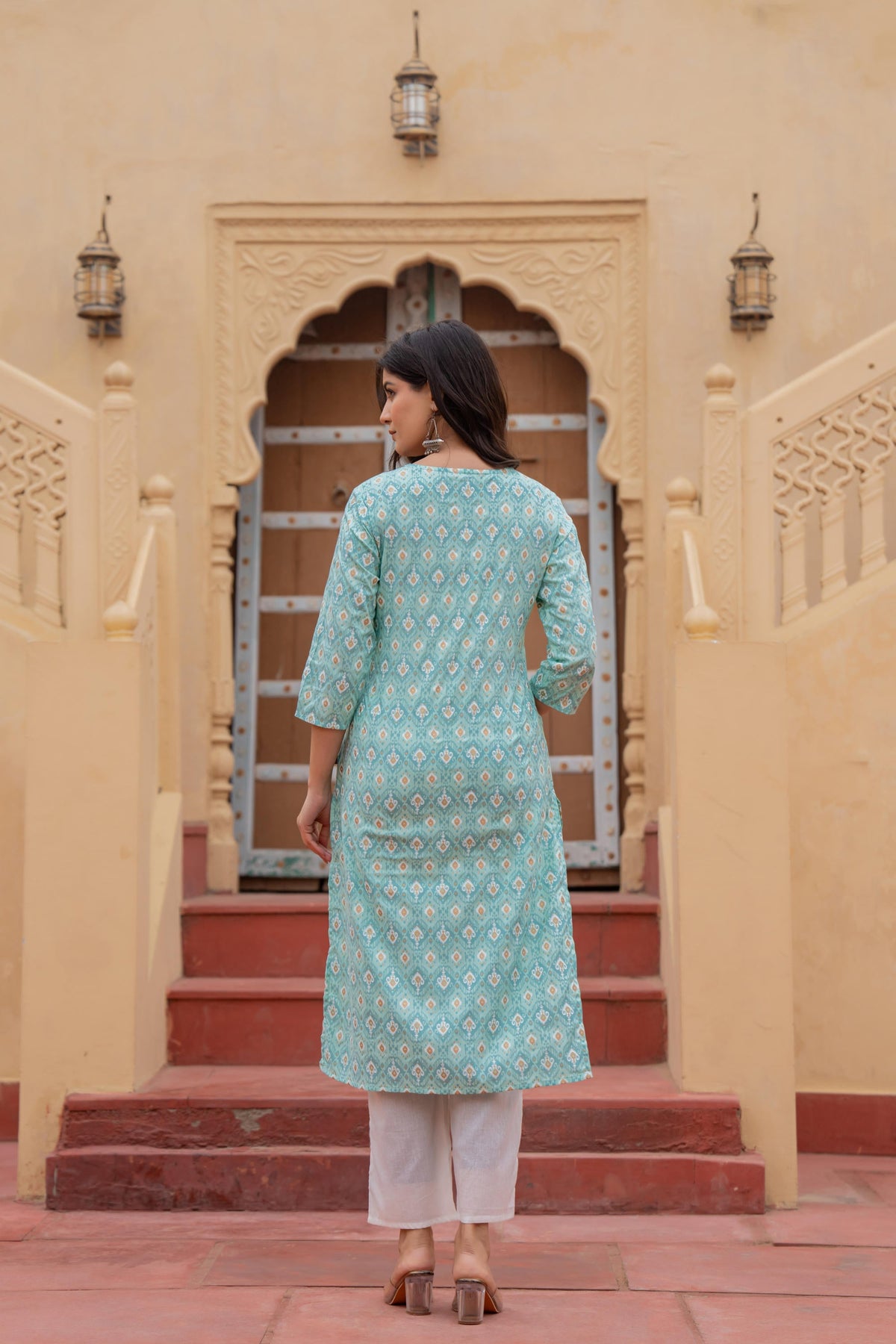 Juniper Light Blue Ethnic Motif Printed Viscose Kurta Set With Sequin & Thread Work
