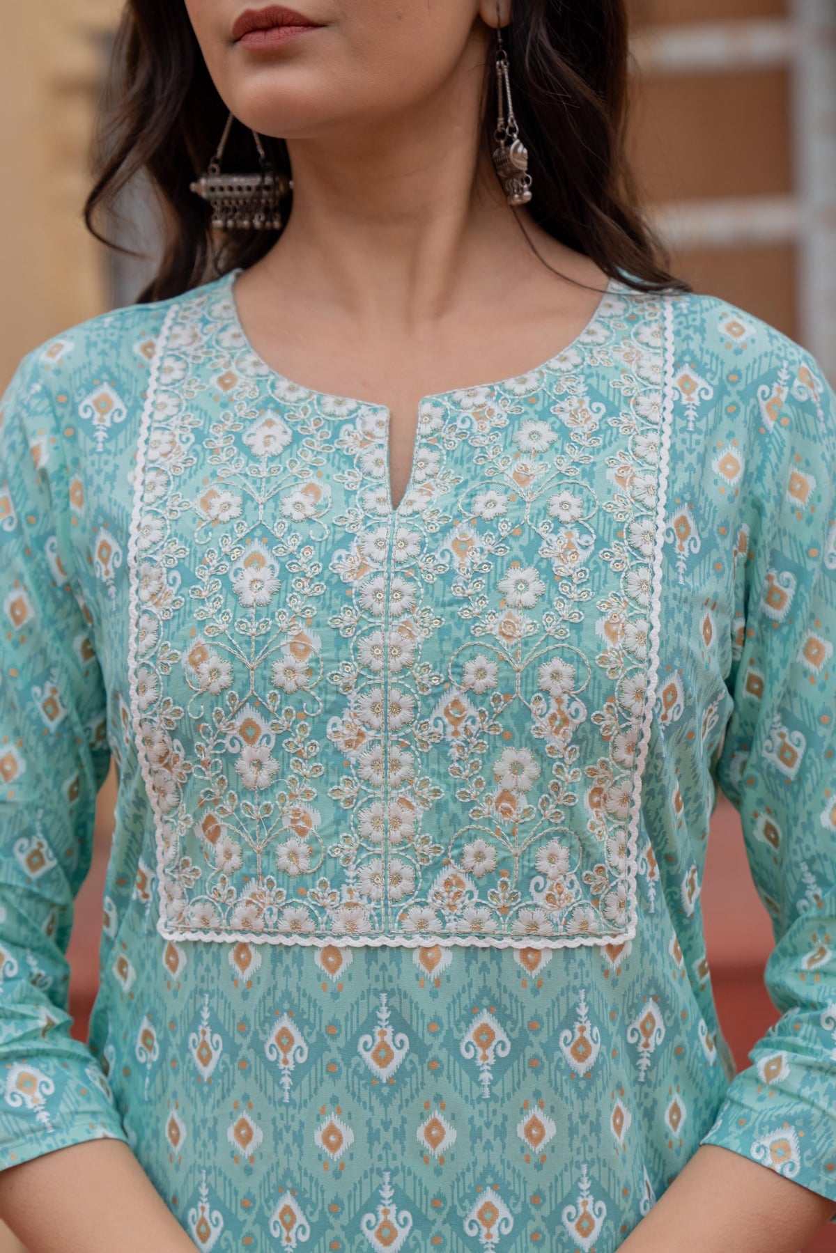 Juniper Light Blue Ethnic Motif Printed Viscose Kurta Set With Sequin & Thread Work