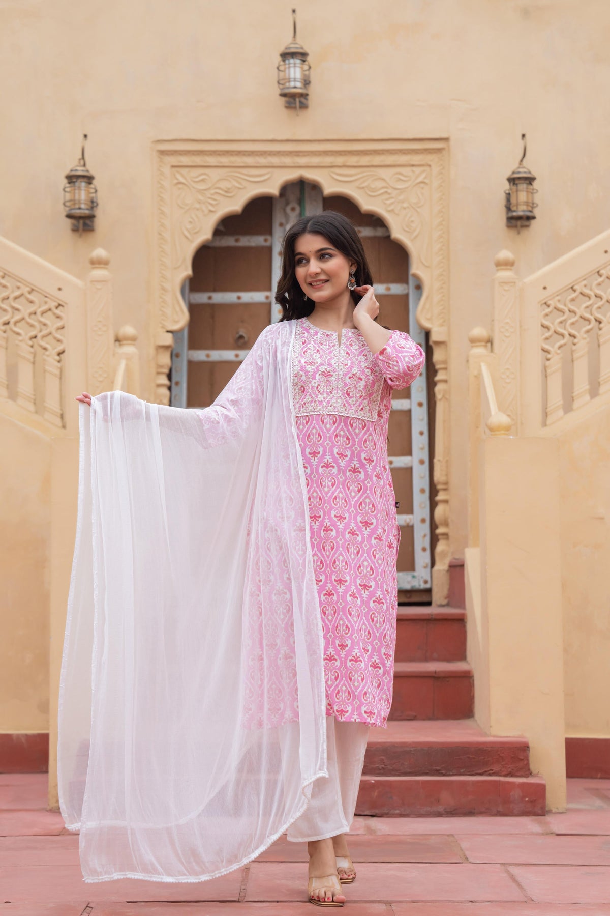 Juniper Pink Ethnic Motif Printed Viscose Kurta Set With Sequin & Thread Work