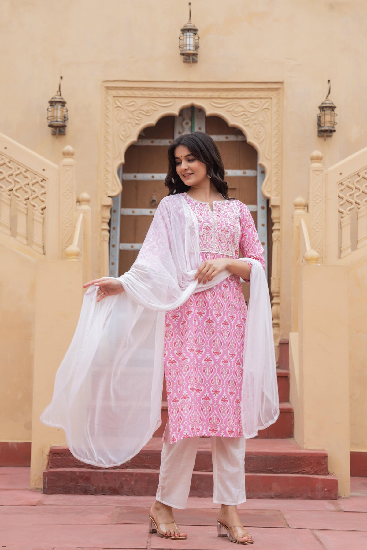 Juniper Pink Ethnic Motif Printed Viscose Kurta Set With Sequin & Thread Work