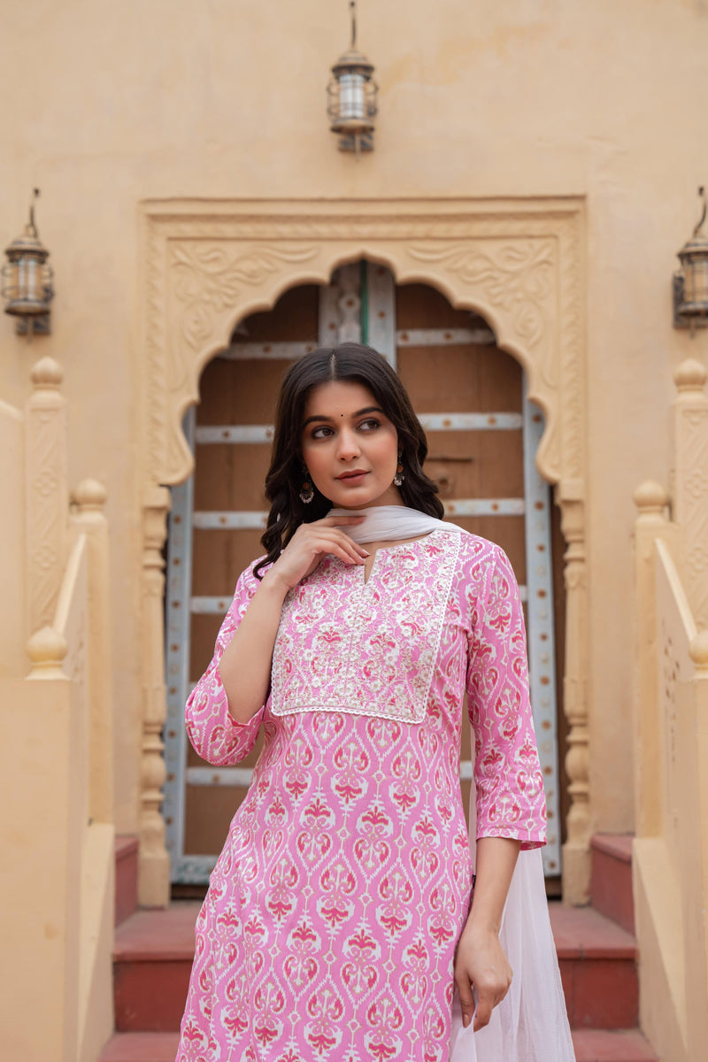 Juniper Pink Ethnic Motif Printed Viscose Kurta Set With Sequin & Thread Work