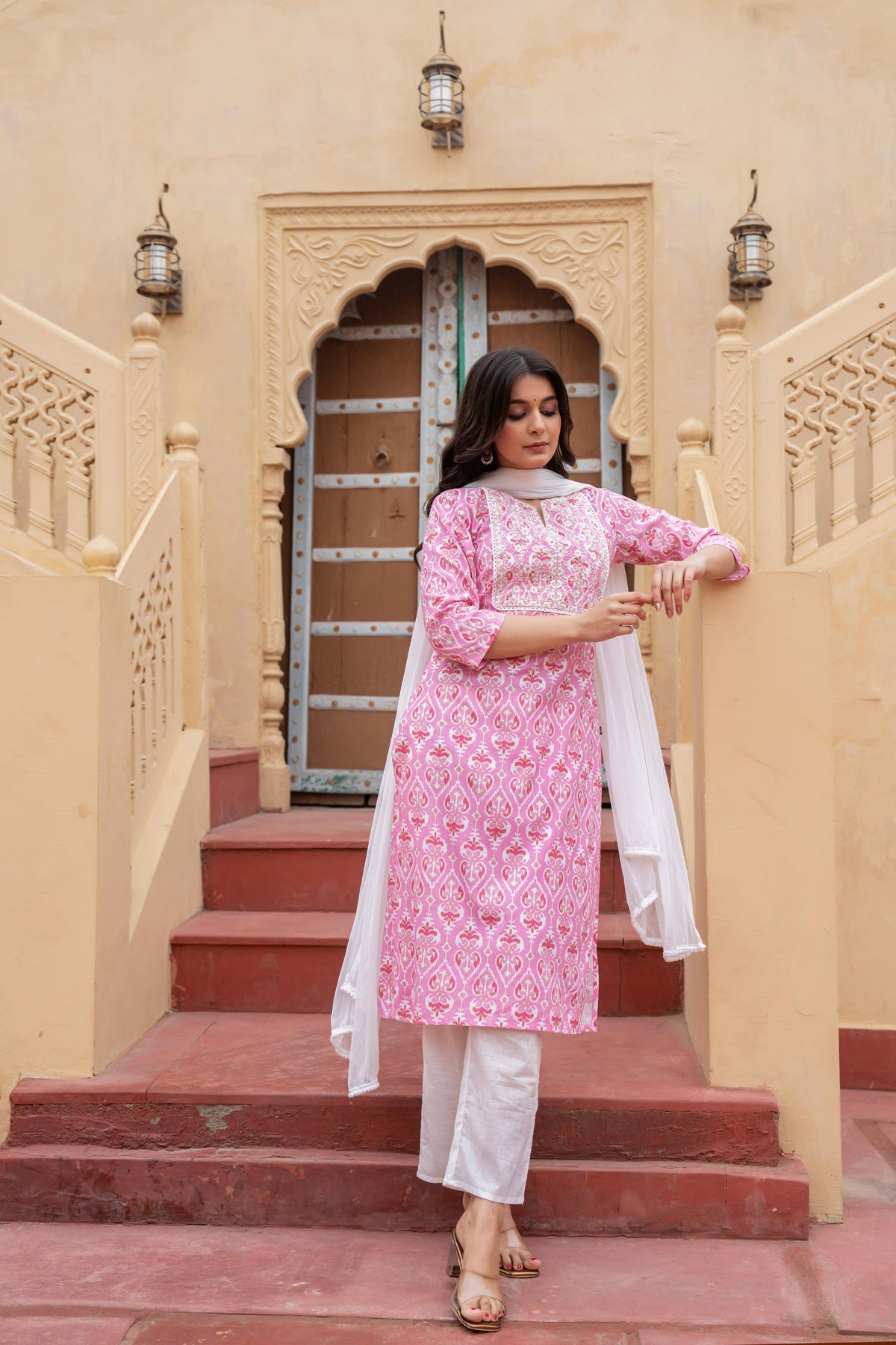 Juniper Pink Ethnic Motif Printed Viscose Kurta Set With Sequin & Thread Work