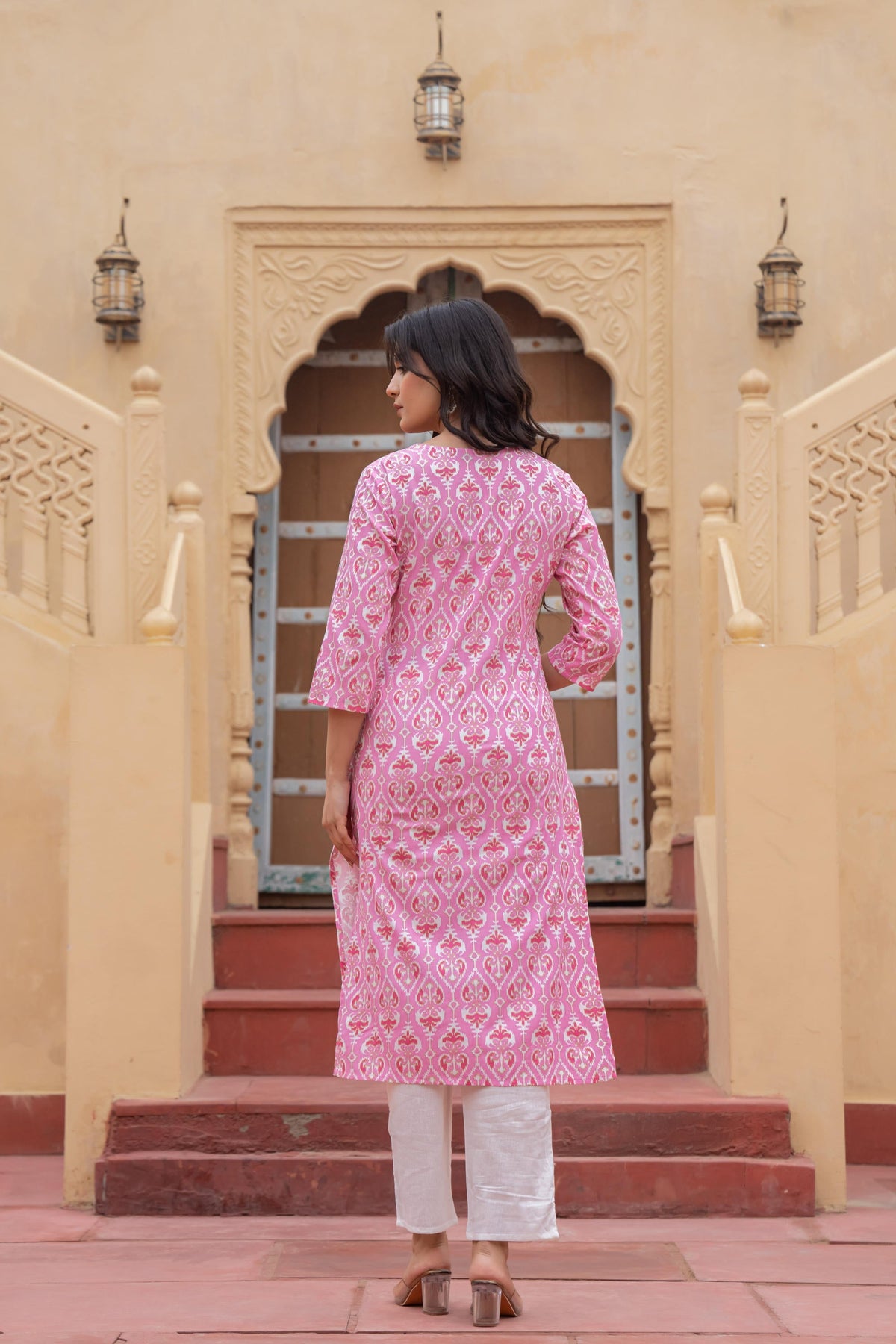 Juniper Pink Ethnic Motif Printed Viscose Kurta Set With Sequin & Thread Work