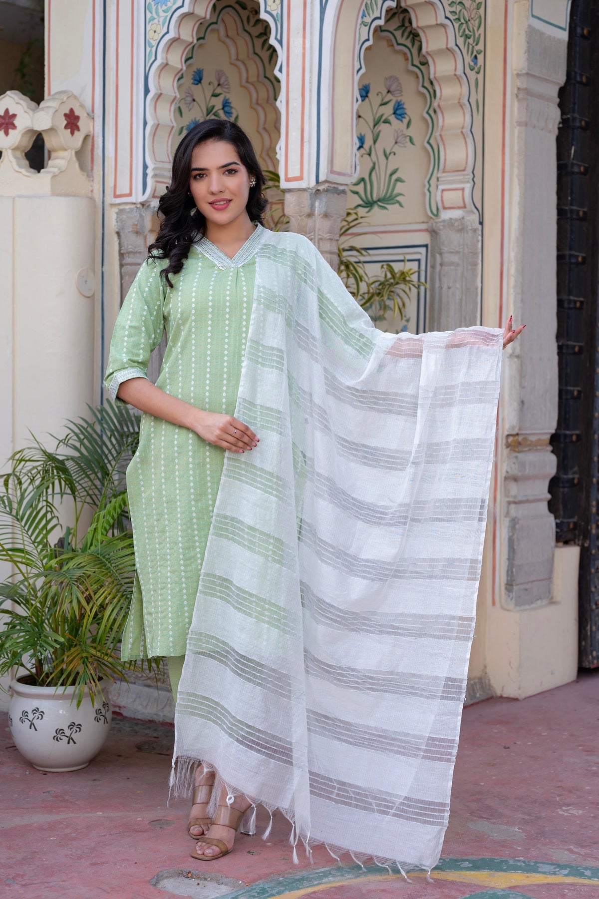 Juniper Sage Green Brocade Kurta-Pant & Dupatta Set With Sequins