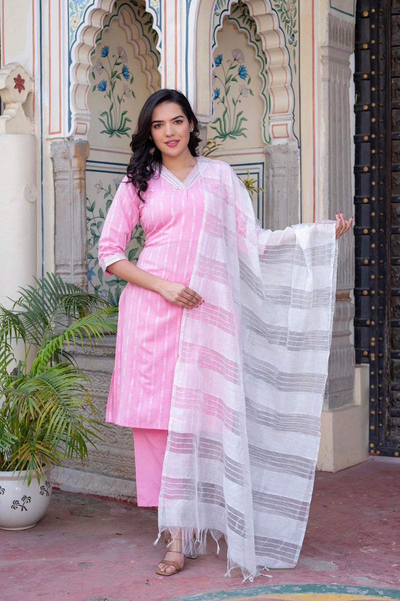 Juniper Pink Brocade Kurta-Pant & Dupatta Set With Sequins & Tassels