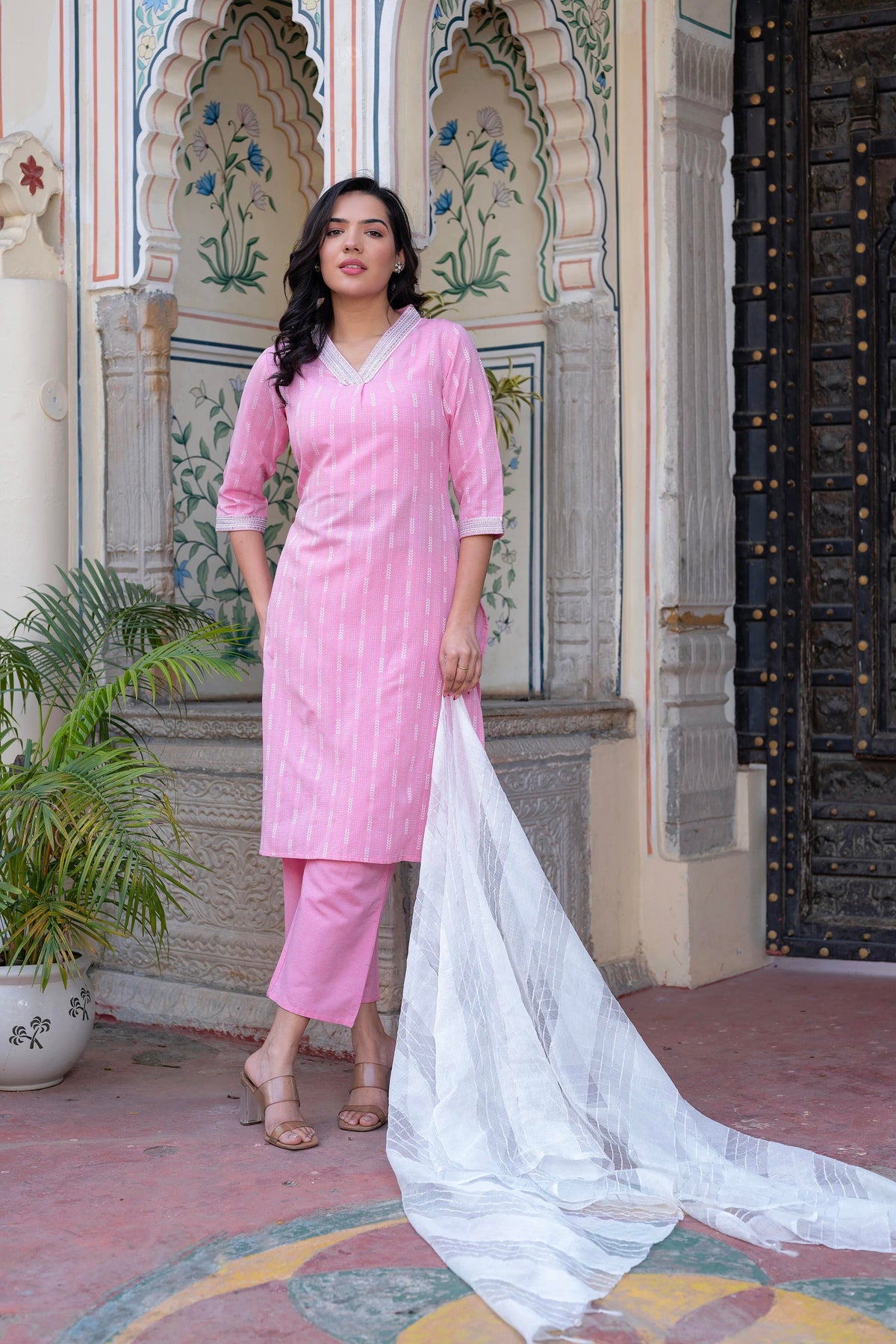 Juniper Pink Brocade Kurta-Pant & Dupatta Set With Sequins & Tassels