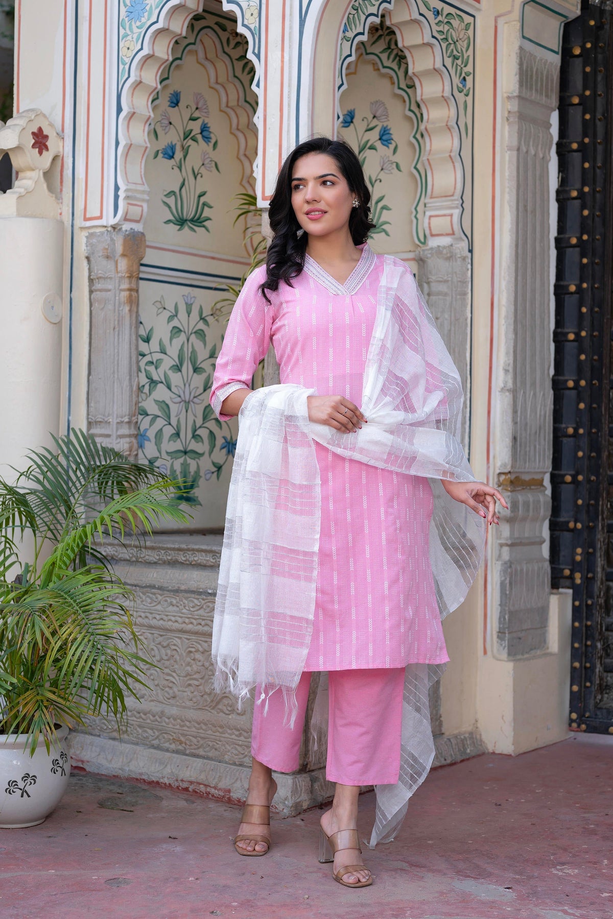 Juniper Pink Brocade Kurta-Pant & Dupatta Set With Sequins & Tassels