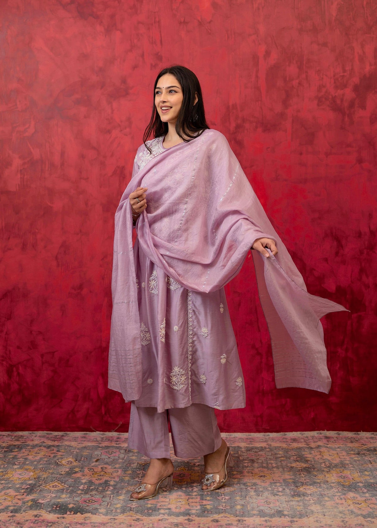 Juniper Lavender Embroidered Floral Chanderi Kurta With Palazzo & Dupatta