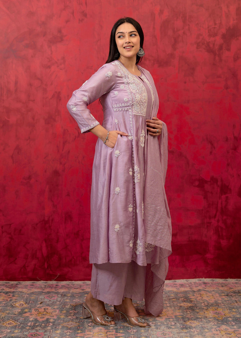 Juniper Lavender Embroidered Floral Chanderi Kurta With Palazzo & Dupatta