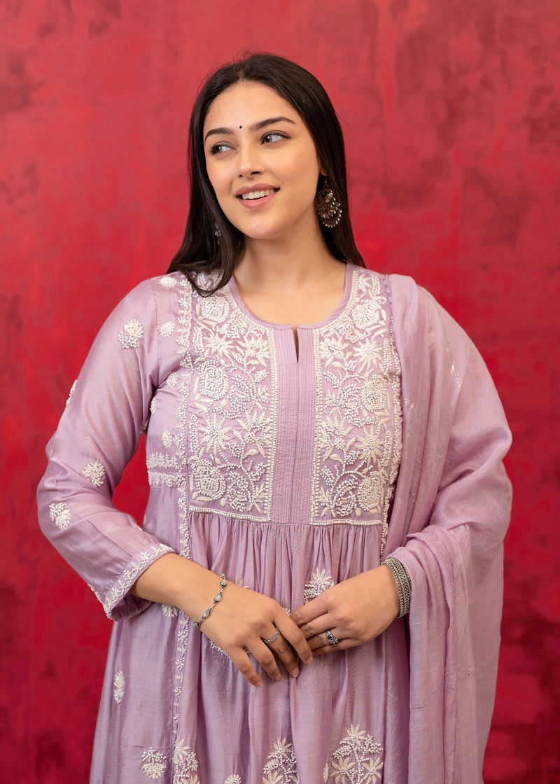 Juniper Lavender Embroidered Floral Chanderi Kurta With Palazzo & Dupatta