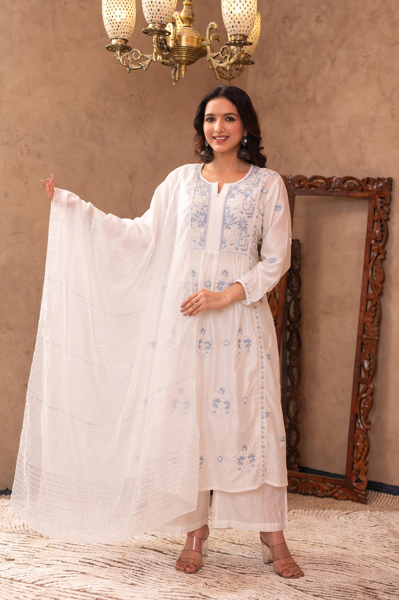 Juniper Off-White Chanderi Floral Embroidered Kurta With Palazzo, Dupatta & Bead Work