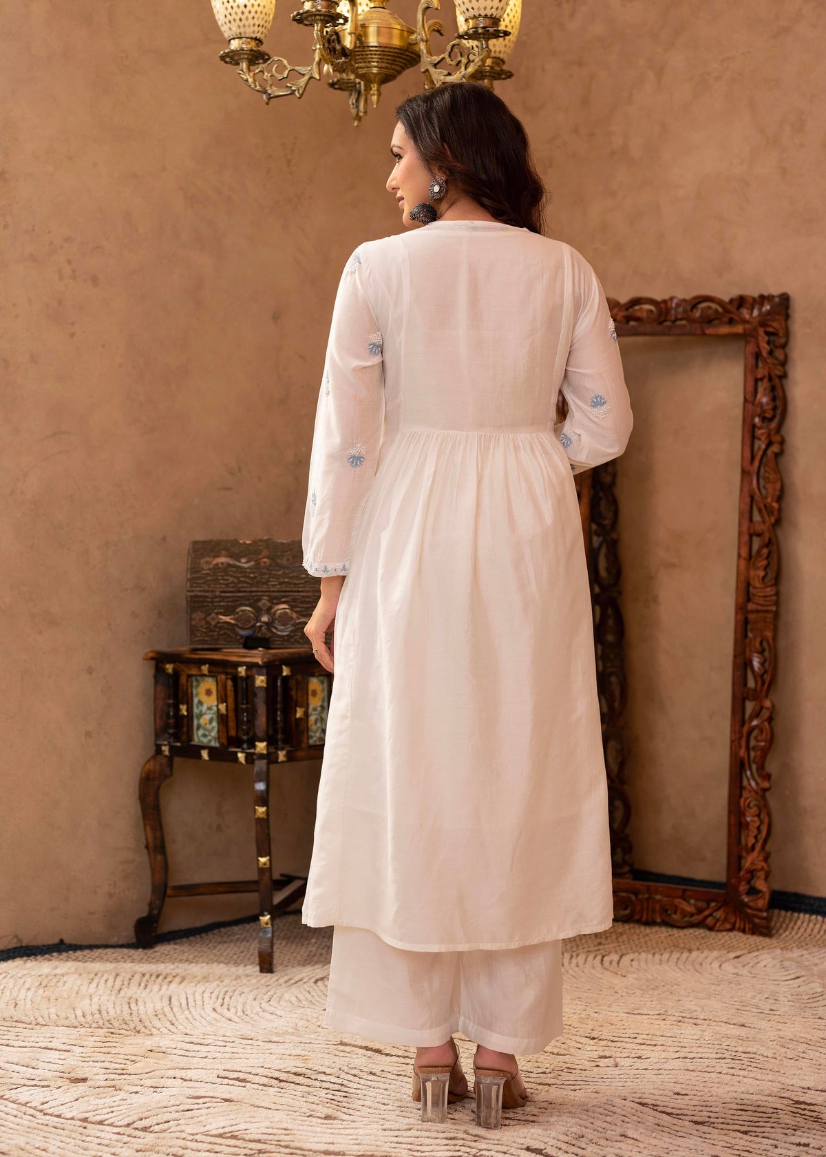 Juniper Off-White Chanderi Floral Embroidered Kurta With Palazzo, Dupatta & Bead Work