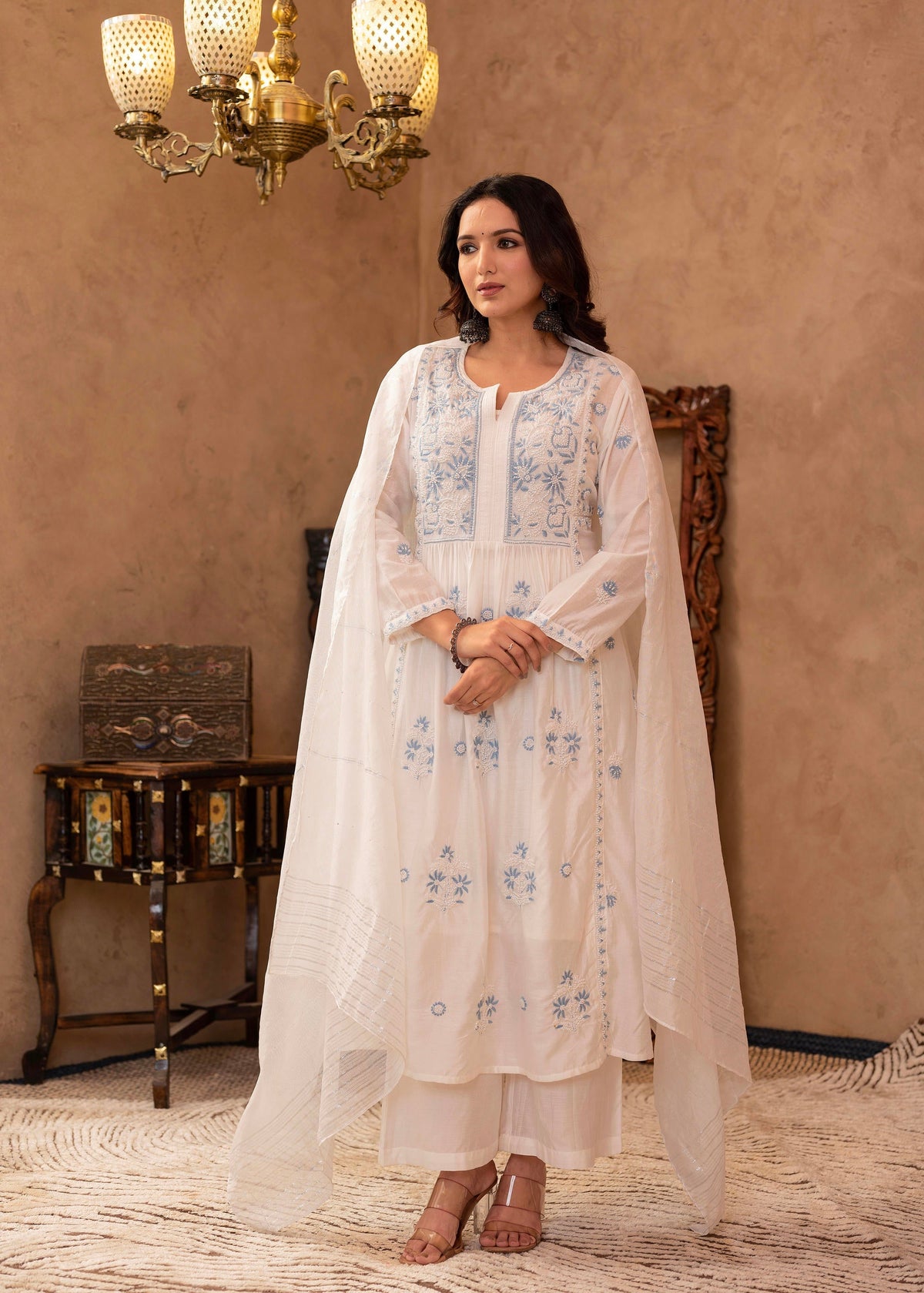 Juniper Off-White Chanderi Floral Embroidered Kurta With Palazzo, Dupatta & Bead Work