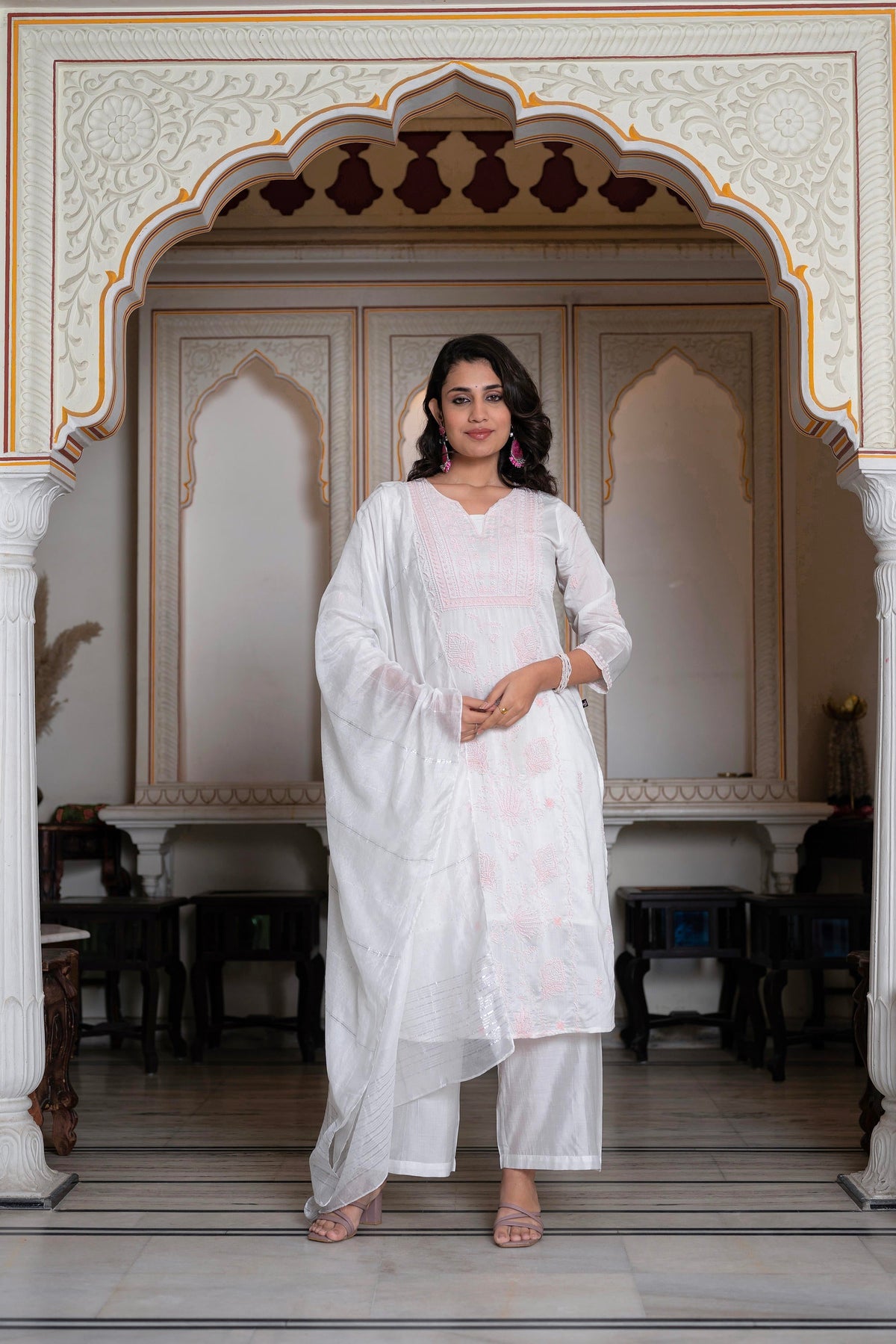 Juniper Off-White Chanderi Kurta With Bead Work & Thread Detailing