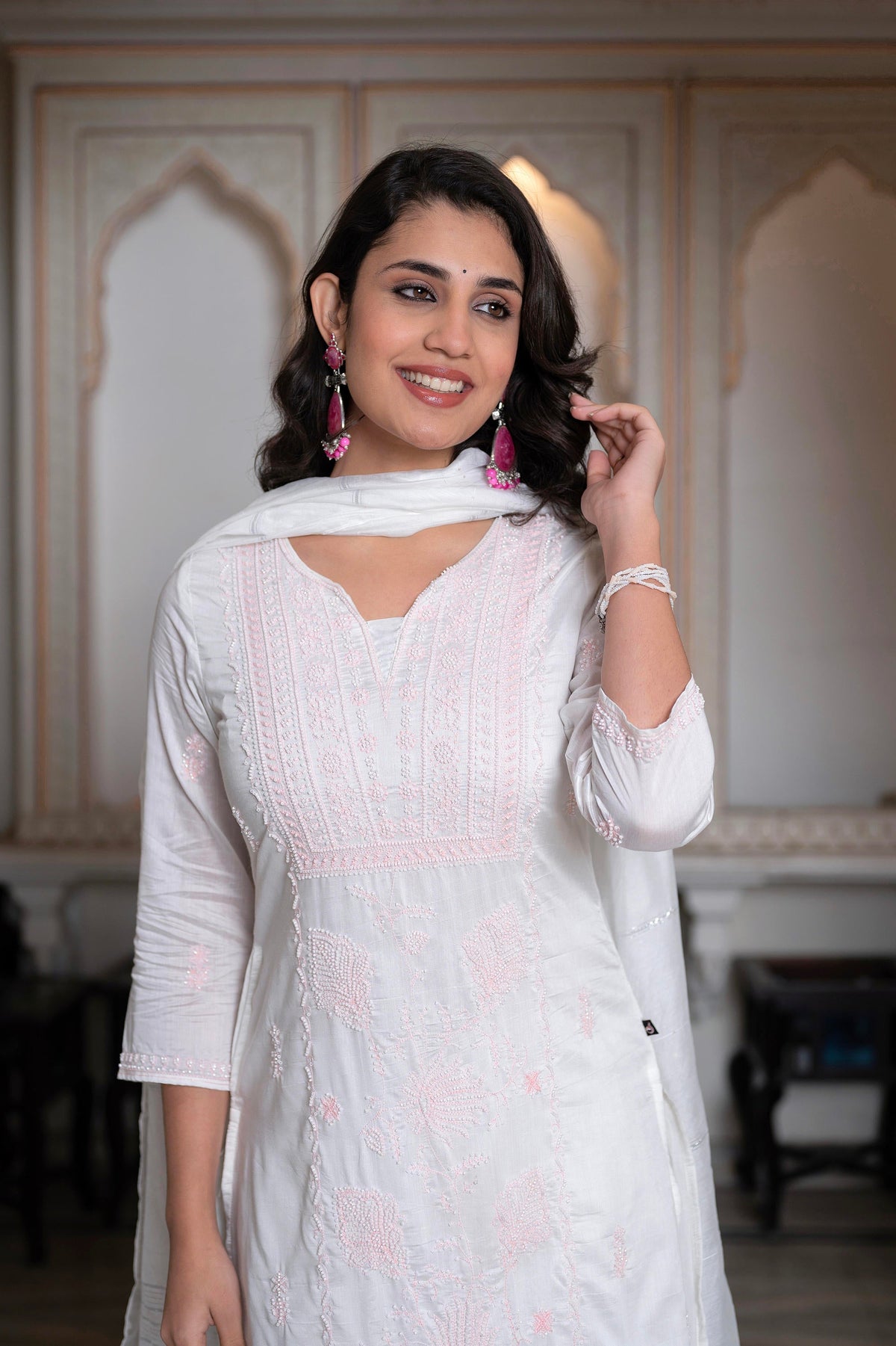 Juniper Off-White Chanderi Kurta With Bead Work & Thread Detailing