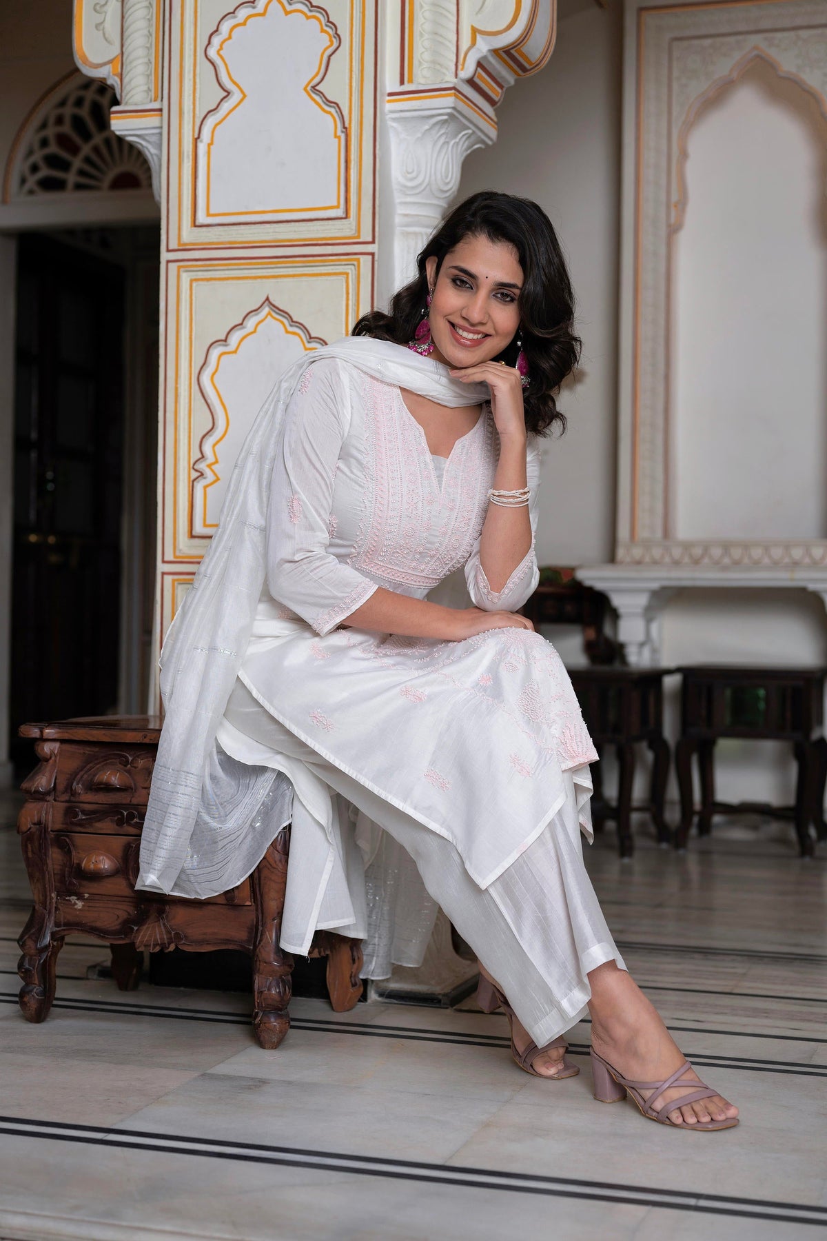 Juniper Off-White Chanderi Kurta With Bead Work & Thread Detailing