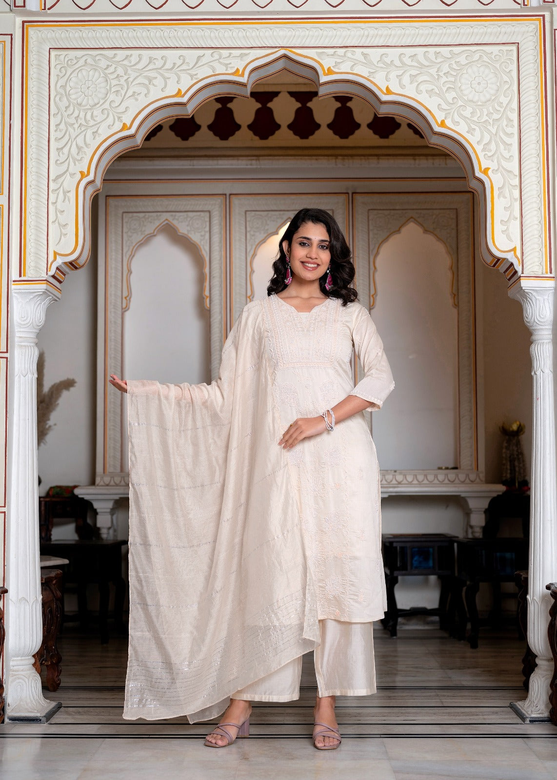 Juniper Peach Chanderi Kurta-Pant & Dupatta Set With Bead & Floral Thread Work