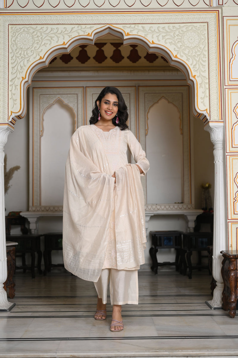 Juniper Peach Chanderi Kurta-Pant & Dupatta Set With Bead & Floral Thread Work