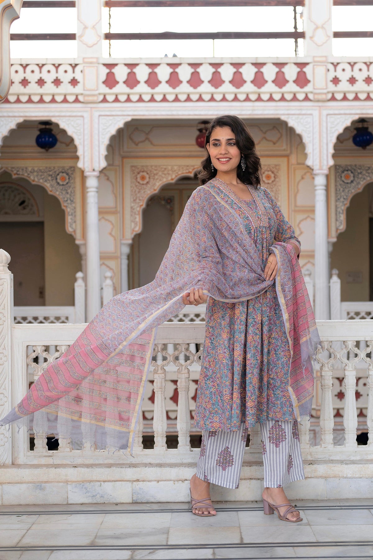 Juniper Lavender Cotton Flared Kurta-Pant & Dupatta Set With Floral Print, Thread Work, Lace & Sequins