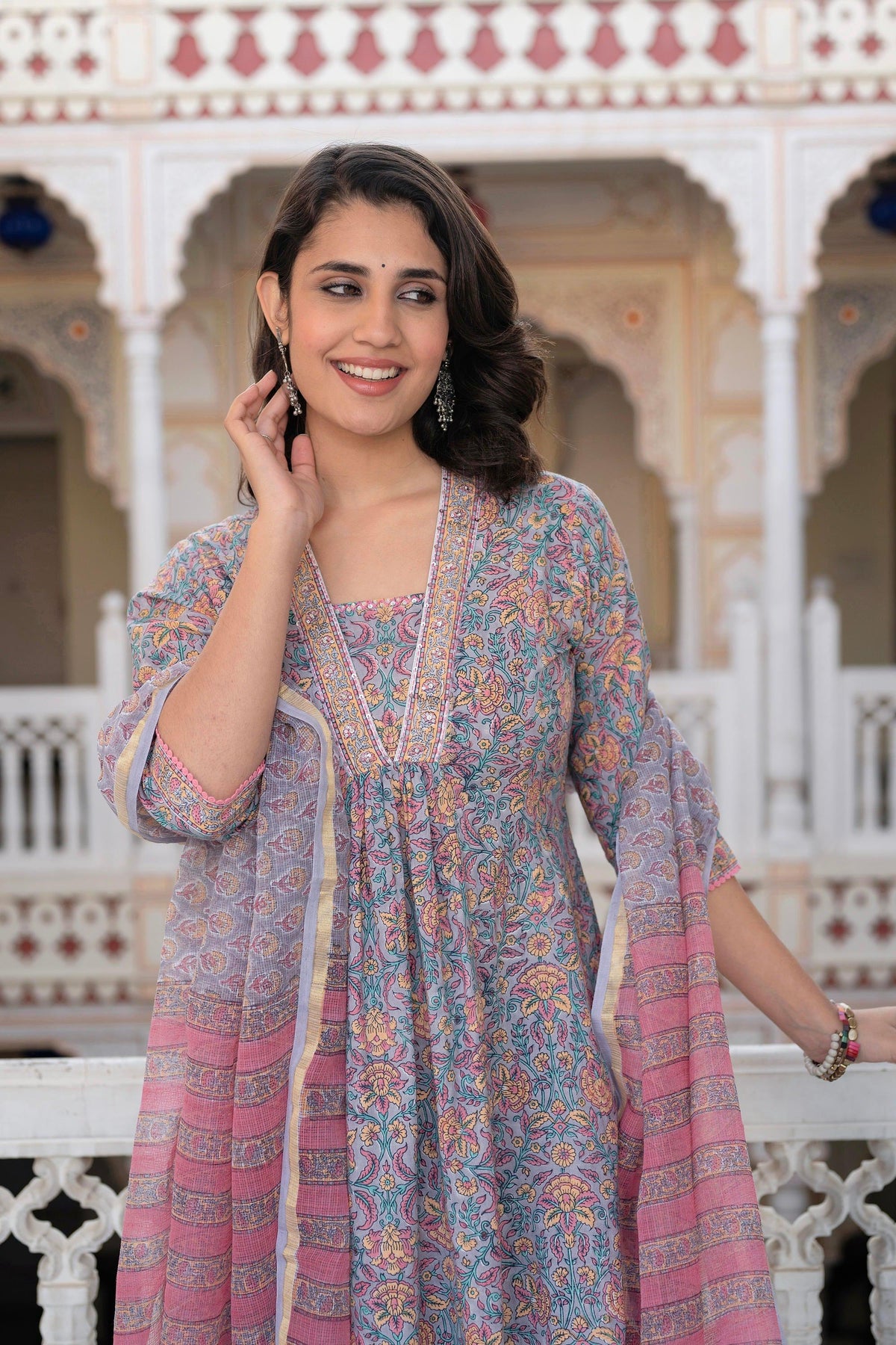 Juniper Lavender Cotton Flared Kurta-Pant & Dupatta Set With Floral Print, Thread Work, Lace & Sequins