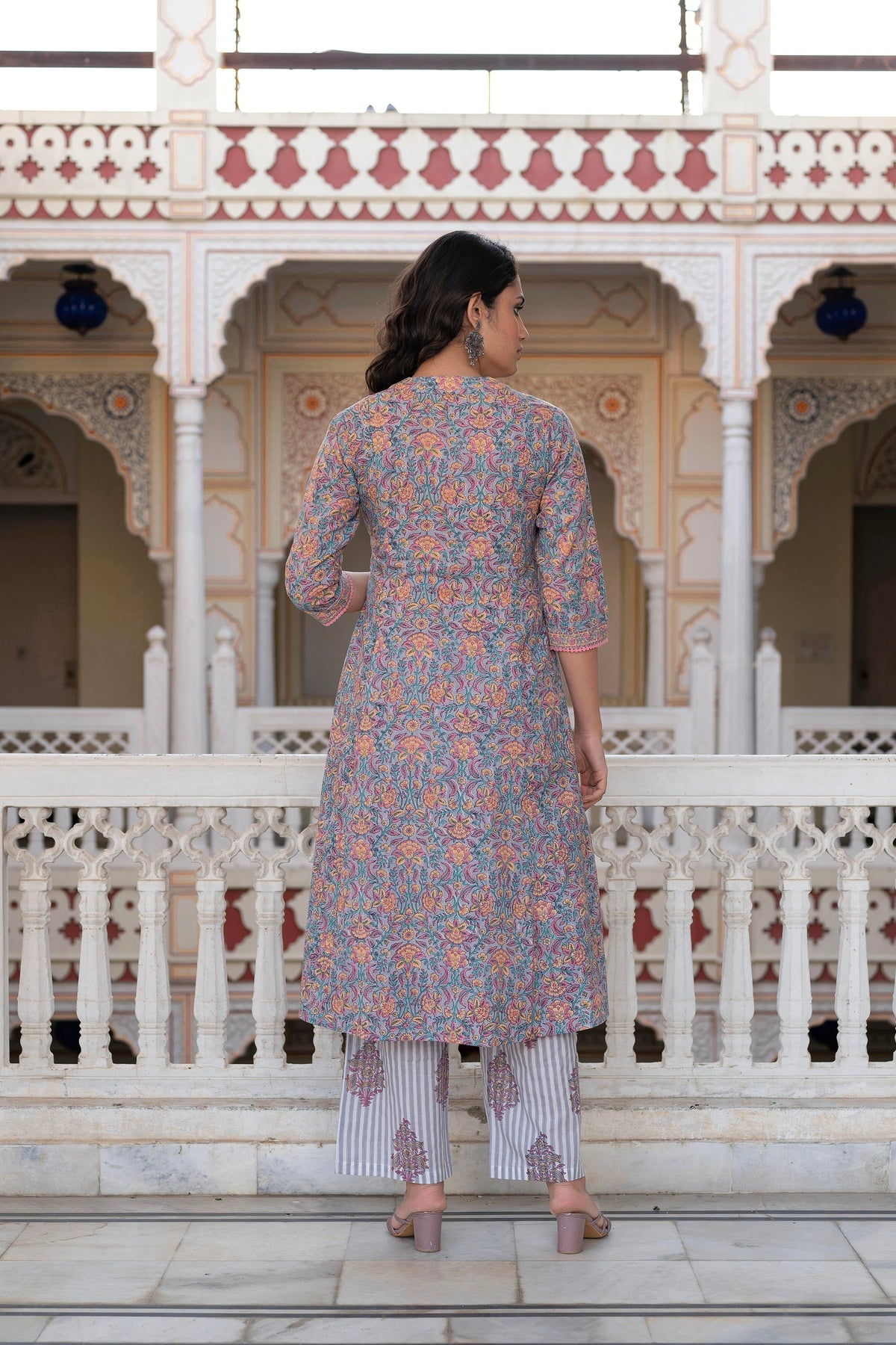 Juniper Lavender Cotton Flared Kurta-Pant & Dupatta Set With Floral Print, Thread Work, Lace & Sequins
