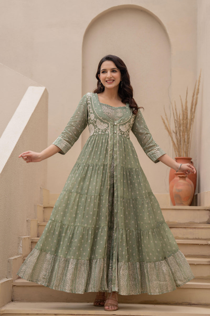 Juniper Green Anarkali Cotton Dress With Thread Work, Buttons, And Lace Detailing