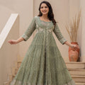 Juniper Green Anarkali Cotton Dress With Thread Work, Buttons, And Lace Detailing