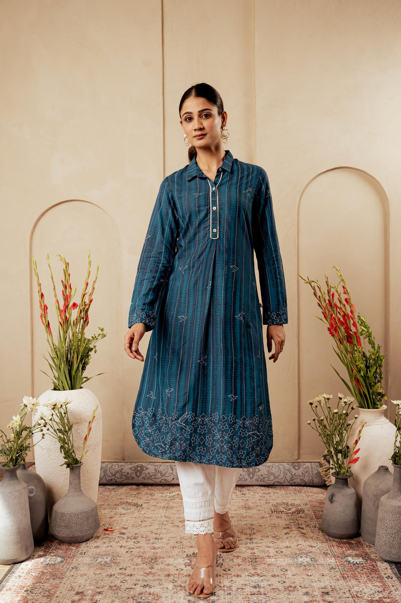 Juniper Blue Striped Viscose A-Line Kurta With Button & Lace Detailing