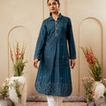 Juniper Blue Striped Viscose A-Line Kurta With Button & Lace Detailing