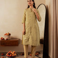Juniper Sage Green Solid Viscose A-Line Kurta With Embroidery, Beads & Button Detailing