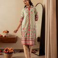 Juniper Sage Green Floral Printed Viscose Kurta With Button Detailing