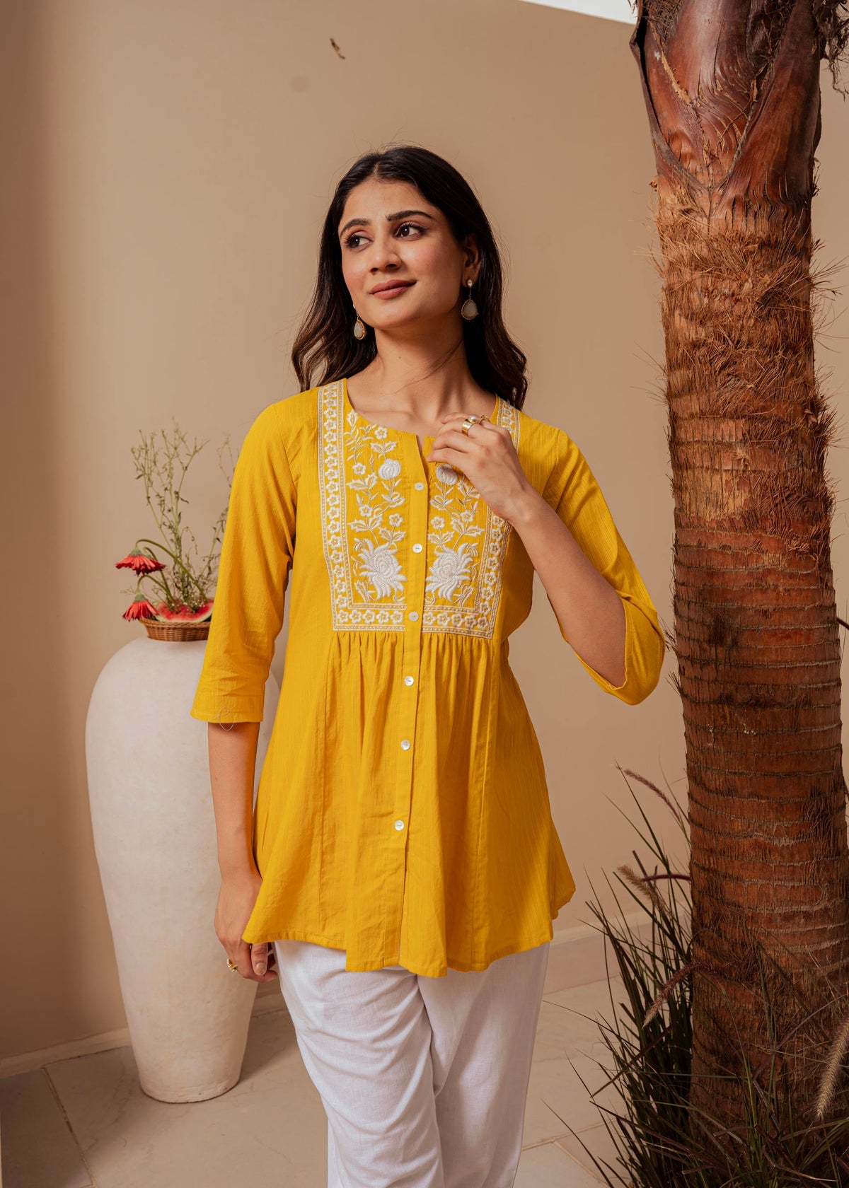 Juniper Mustard Striped Cotton Tunic With Thread Work And Button Detailing