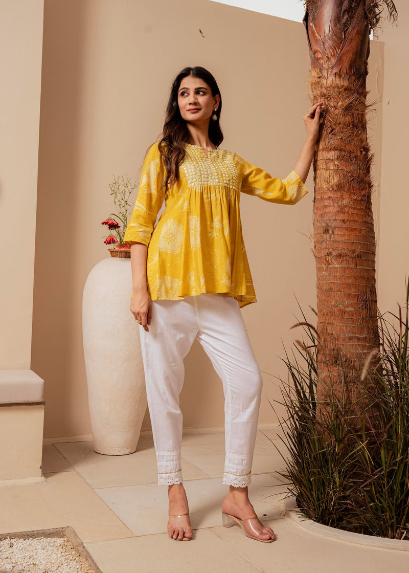 Juniper Mustard Ethnic Motifs Viscose Tunic With Thread Work And Mirror Detailing