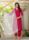 Juniper Fuchsia Solid Man Made Fiber Kurta, Pant & Dupatta Set With Thread Work