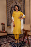 Juniper Mustard Solid Man Made Fiber Kurta, Pant & Dupatta Set With Thread Work