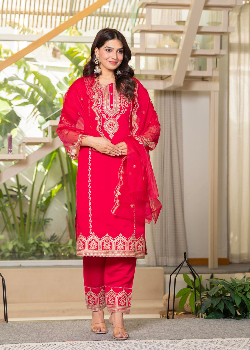 Juniper Viscose Fuchsia Embroidered Kurta Pant And Dupatta Set With Zari Work And Sequin