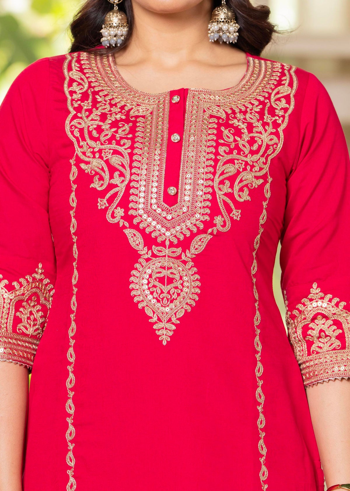Juniper Viscose Fuchsia Embroidered Kurta Pant And Dupatta Set With Zari Work And Sequin