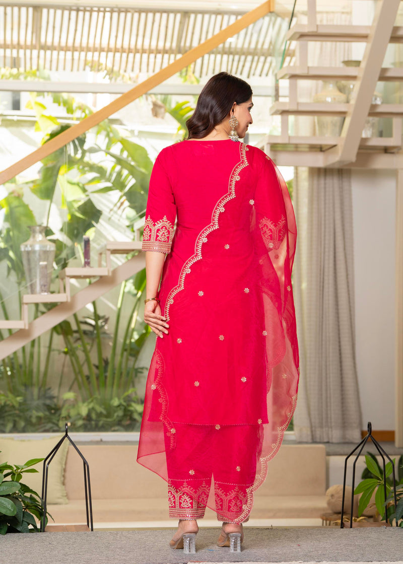 Juniper Viscose Fuchsia Embroidered Kurta Pant And Dupatta Set With Zari Work And Sequin