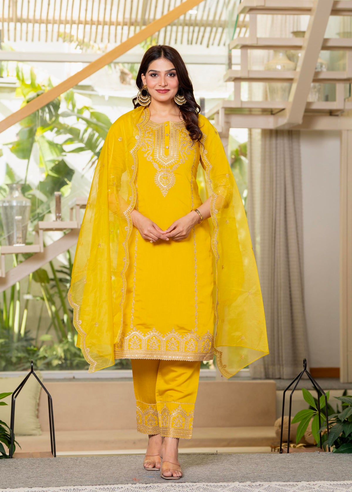 Juniper Viscose Mustard Embroidered Kurta Pant And Dupatta Set With Zari Work And Sequin