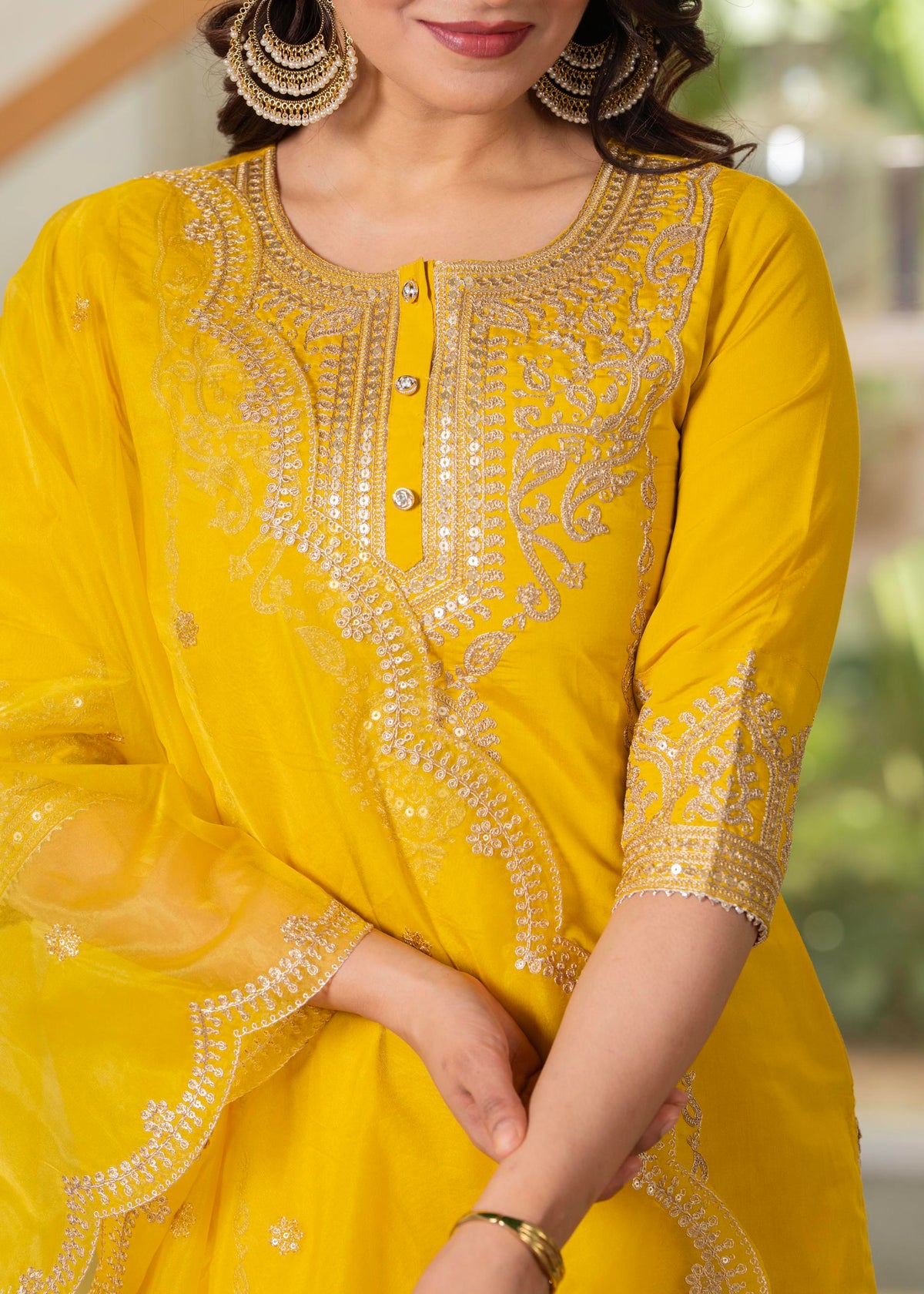 Juniper Viscose Mustard Embroidered Kurta Pant And Dupatta Set With Zari Work And Sequin