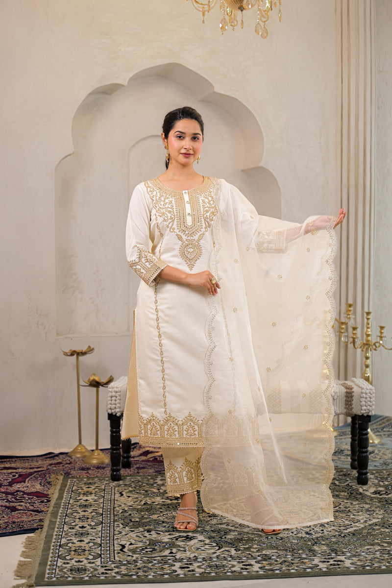Juniper Viscose Off White Embroidered Kurta Pant And Dupatta Set With Zari Work And Sequin