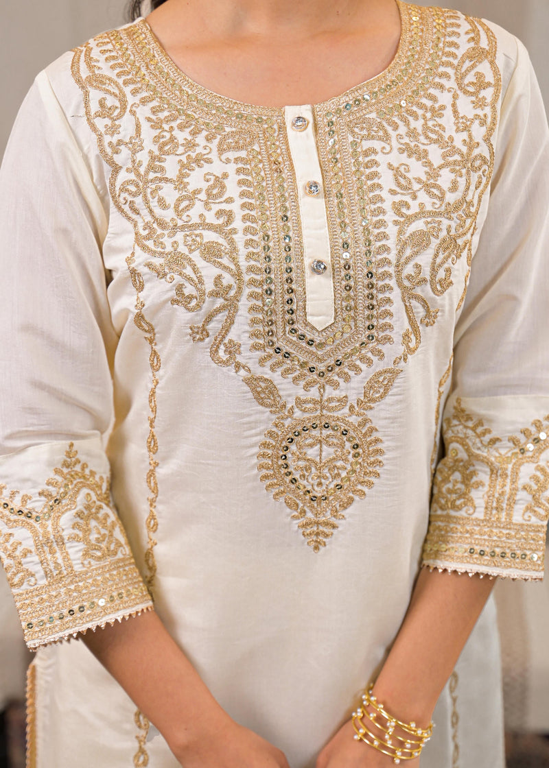 Juniper Viscose Off White Embroidered Kurta Pant And Dupatta Set With Zari Work And Sequin