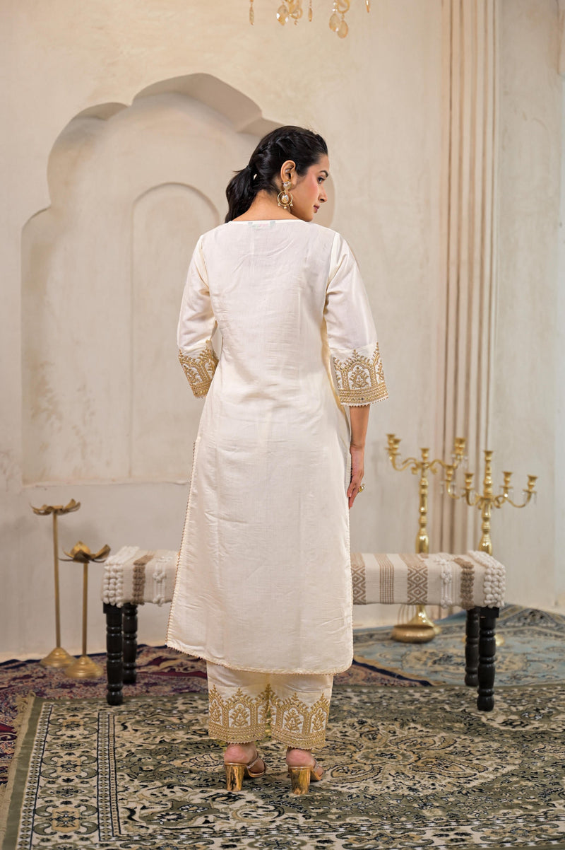 Juniper Viscose Off White Embroidered Kurta Pant And Dupatta Set With Zari Work And Sequin