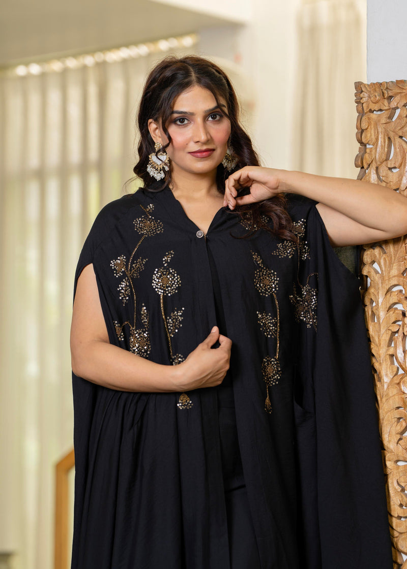 Juniper Black Embroidered Cape Co-Ord Set