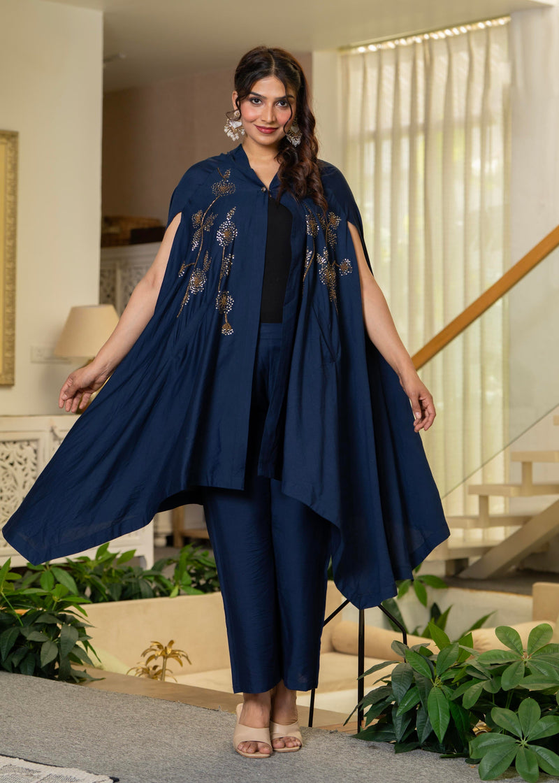 Juniper Navy Embellished Kaftan & Pant Co-Ord Set With Sequins And Beads