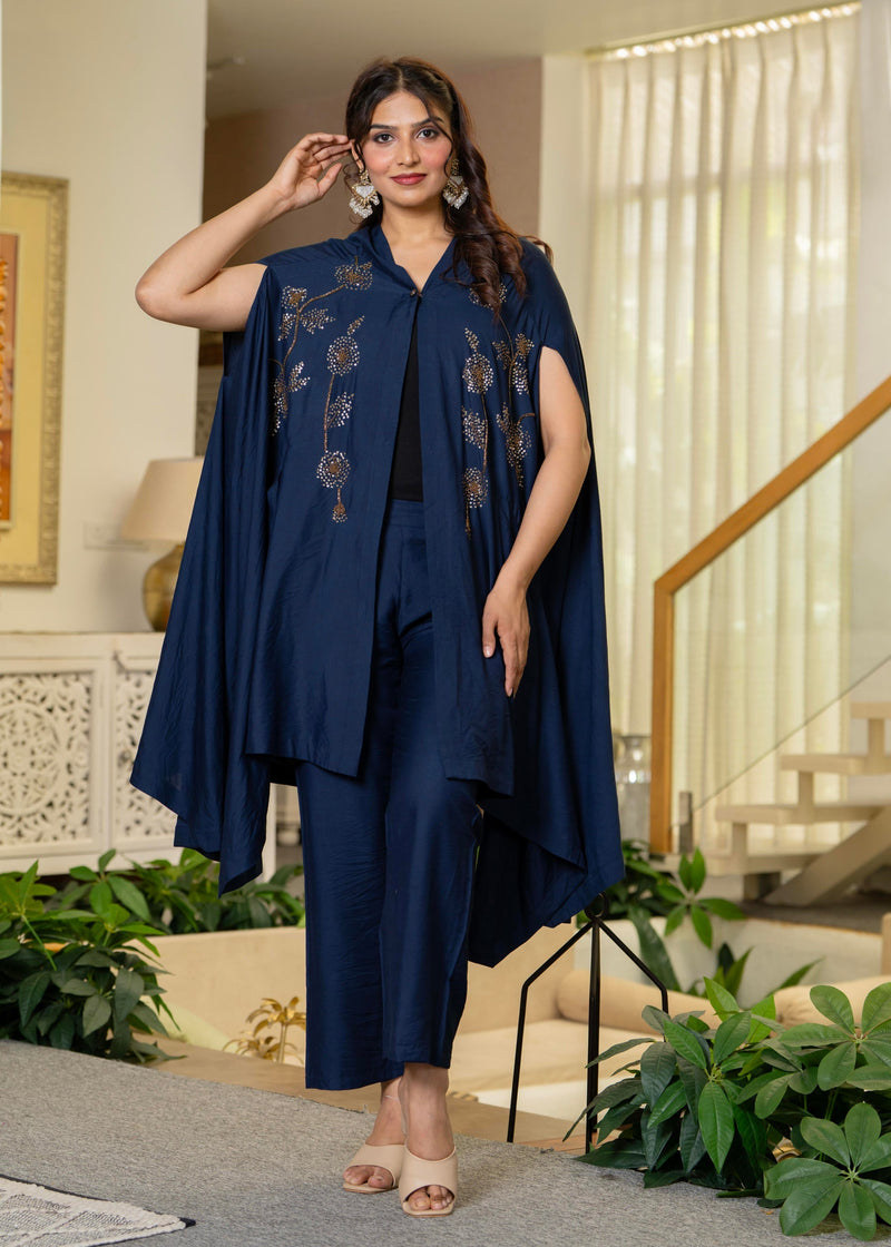 Juniper Navy Embellished Kaftan & Pant Co-Ord Set With Sequins And Beads